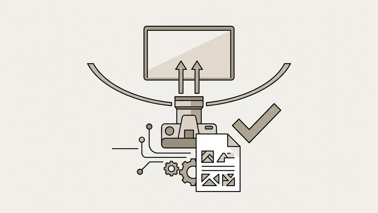 Camera icon connected to a document and a checkmark symbol representing optimal photo capture criteria