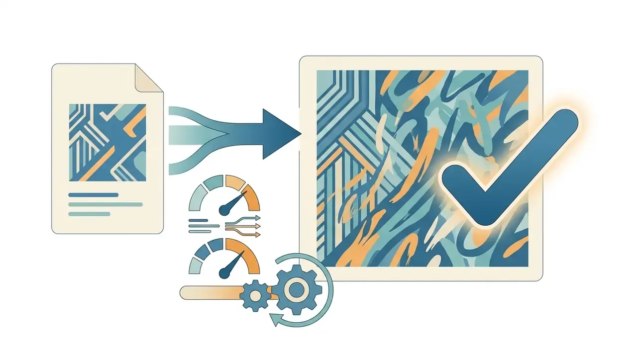 Document icon feeding into a square frame with a checkmark and gauges representing image influence
