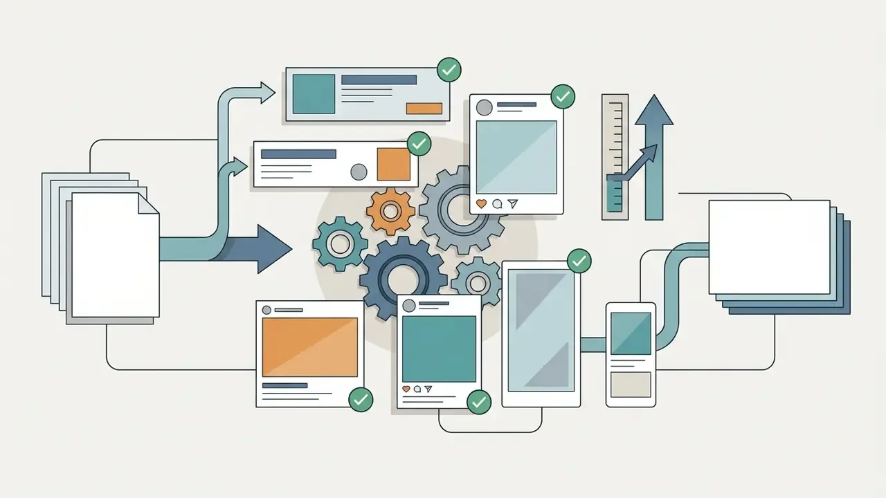 Documents feeding into a gear system that outputs social media visuals and mobile device content