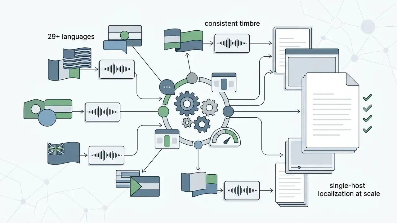 Central gear mechanism processing multiple language inputs into consistent audio and localized documents