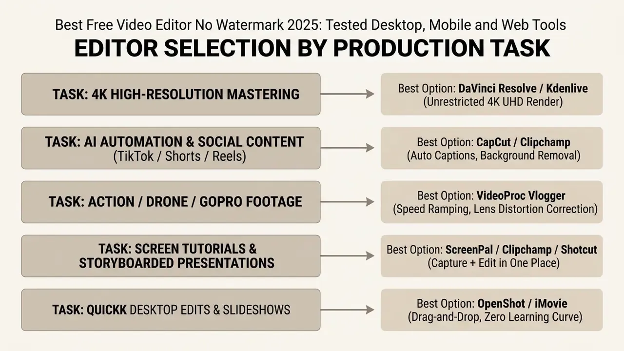 List matching specific video production tasks to recommended free software for 2025