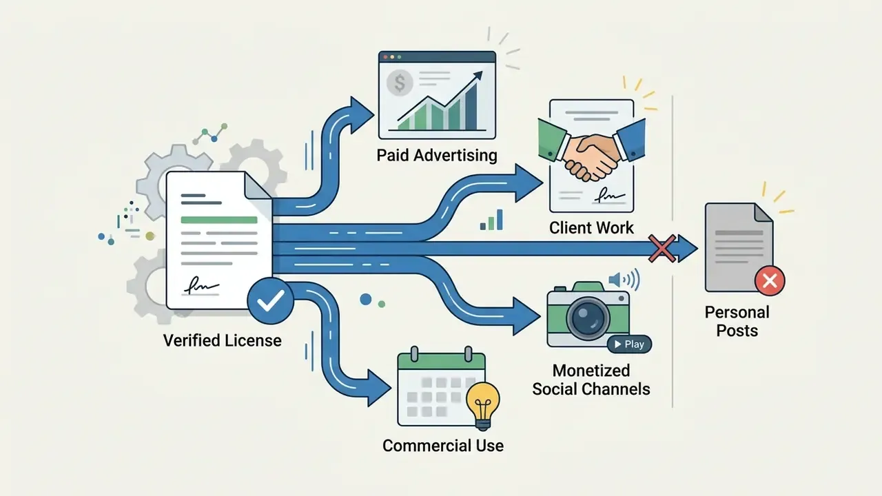 Flowchart showing how a verified license applies to paid advertising, client work, and commercial use