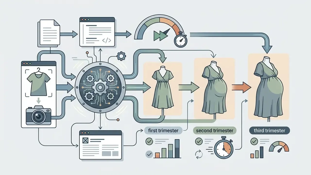 Digital process showing a dress on mannequins evolving through three stages of pregnancy
