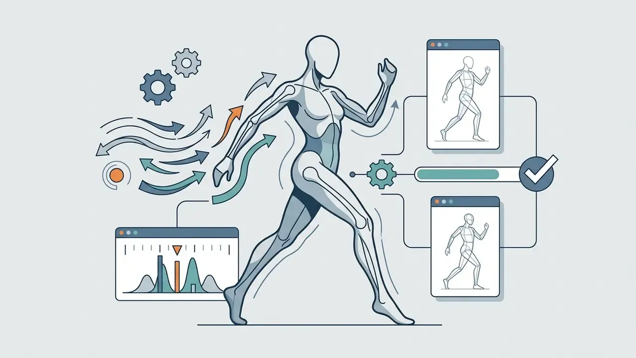 Human figure in motion connected to gear mechanisms and browser windows displaying gesture sketches