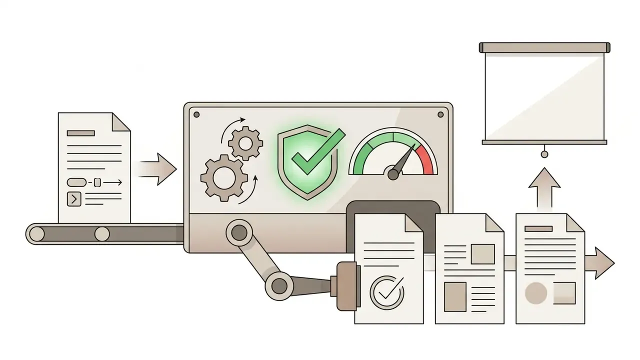 Document moving through a robotic processing unit with a shield icon and gauge to a final presentation board