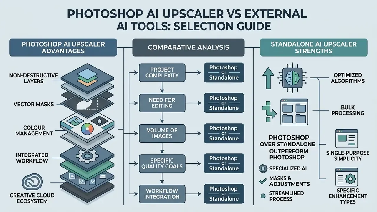 Comparison infographic showing Photoshop AI upscaler features against standalone tool advantages