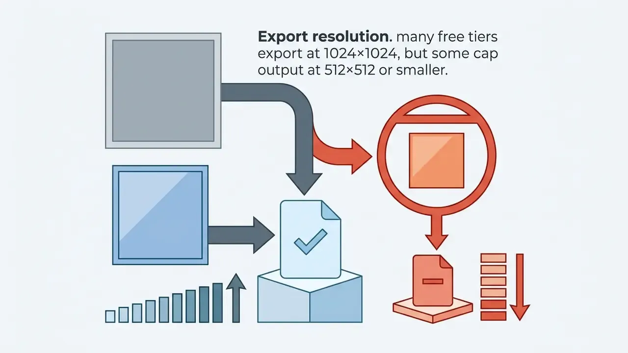 Arrows connecting square icons to a document and a circular target representing varied export resolutions