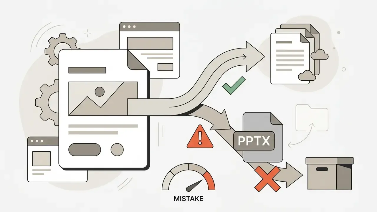 Flowchart showing a document being exported to cloud storage versus a mistakenly downloaded PPTX file