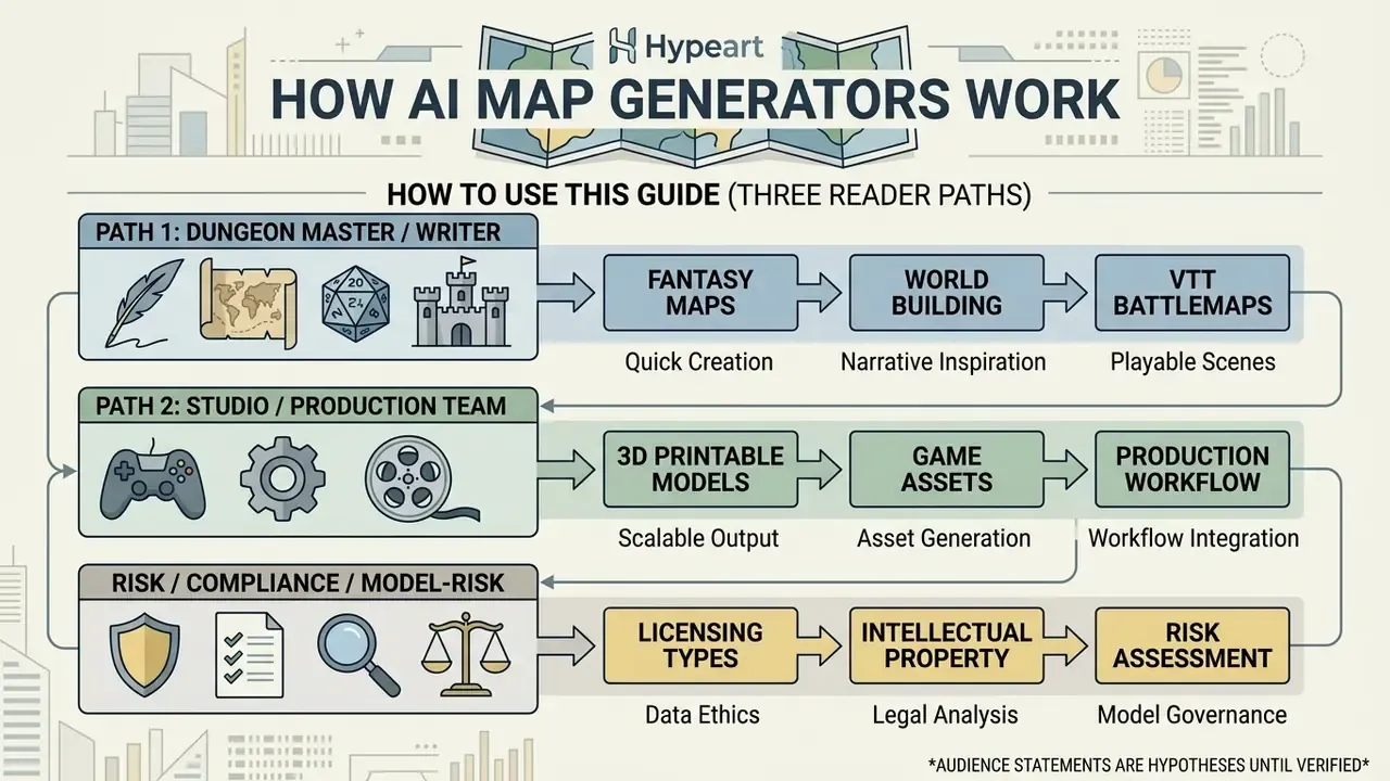 Flowchart showing three distinct reader paths for navigating AI map generator content and workflows