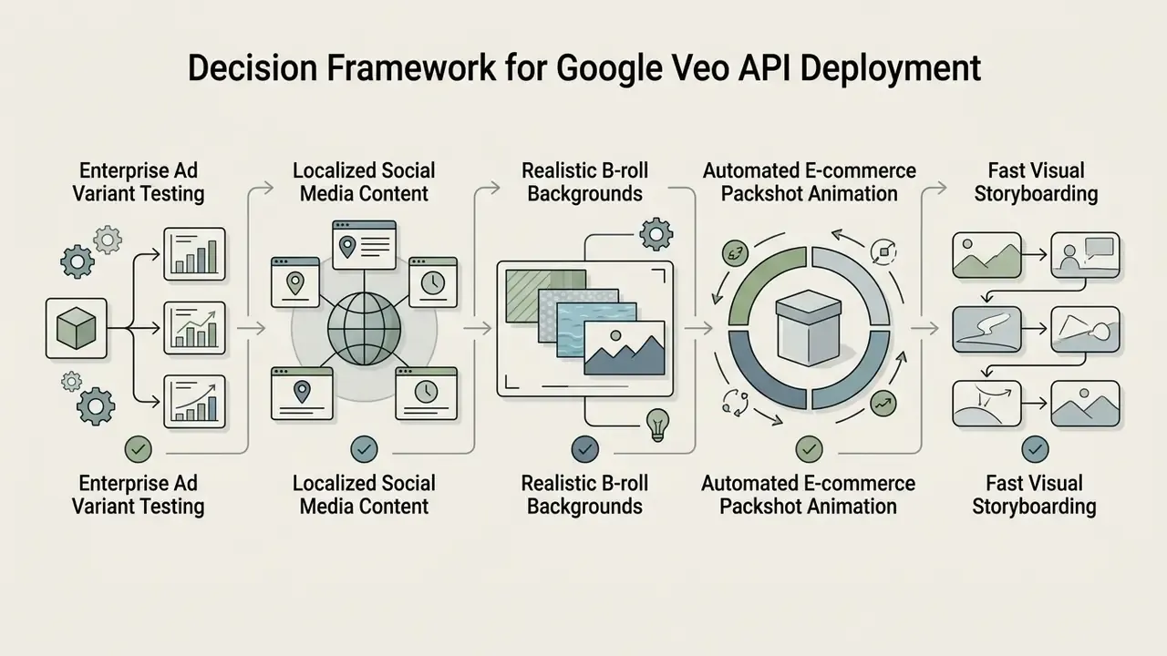 Five sequential steps illustrating use cases for Google Veo API deployment in creative production