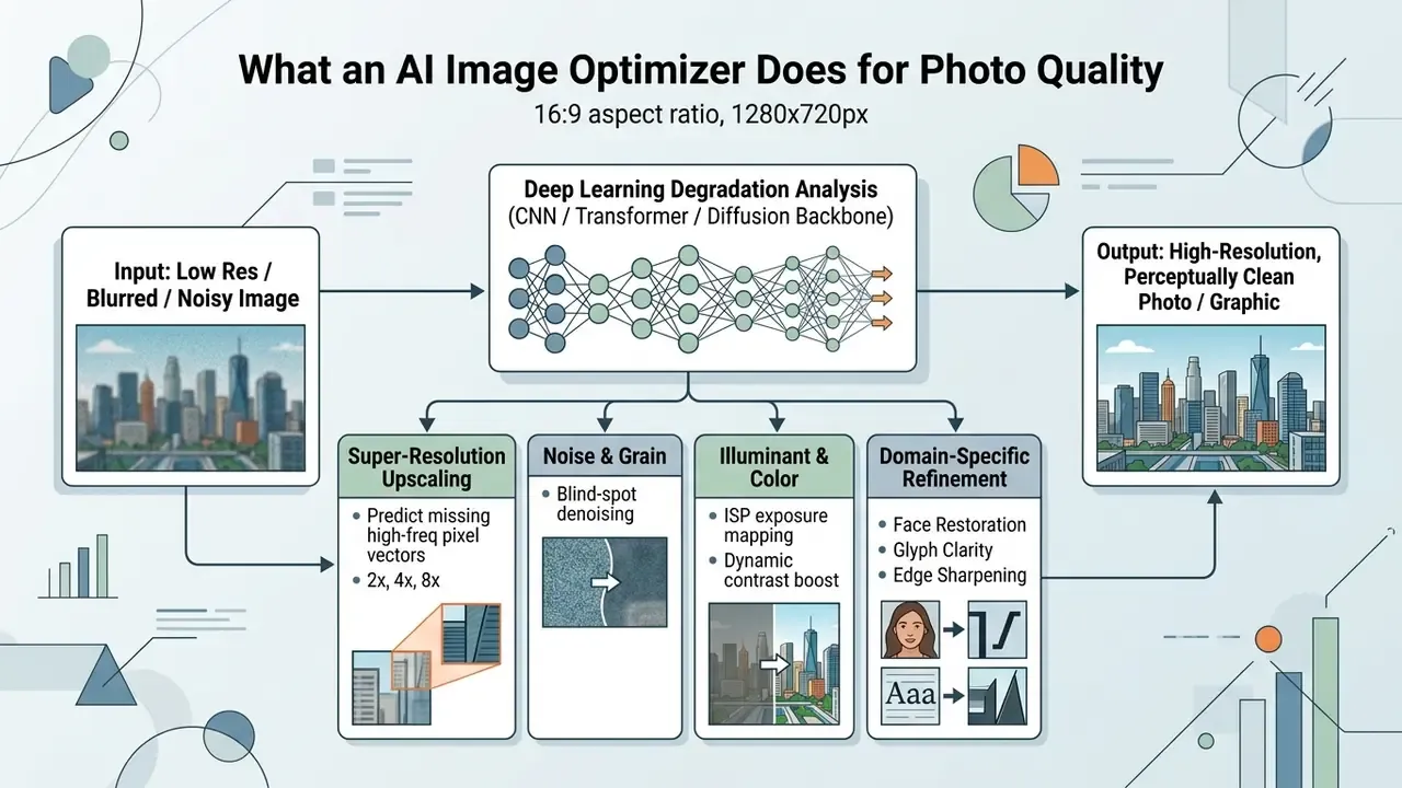 Flowchart displaying the technical pipeline of an AI image optimizer from input processing to refinement