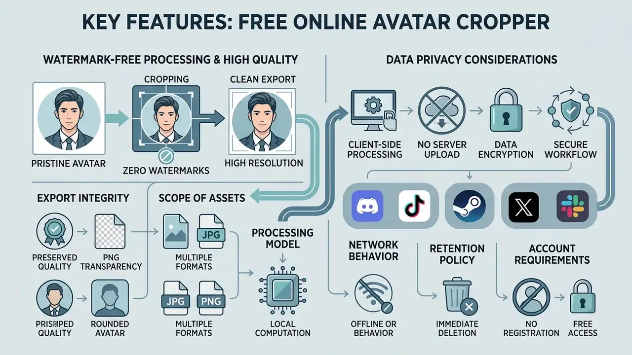Infographic summarizing image processing, data privacy, and export standards for profile picture tools