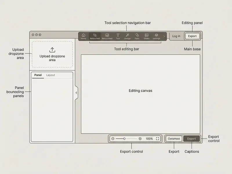 Annotated layout of the Fotor workspace showing the upload dropzone, navigation bar, and editing canvas