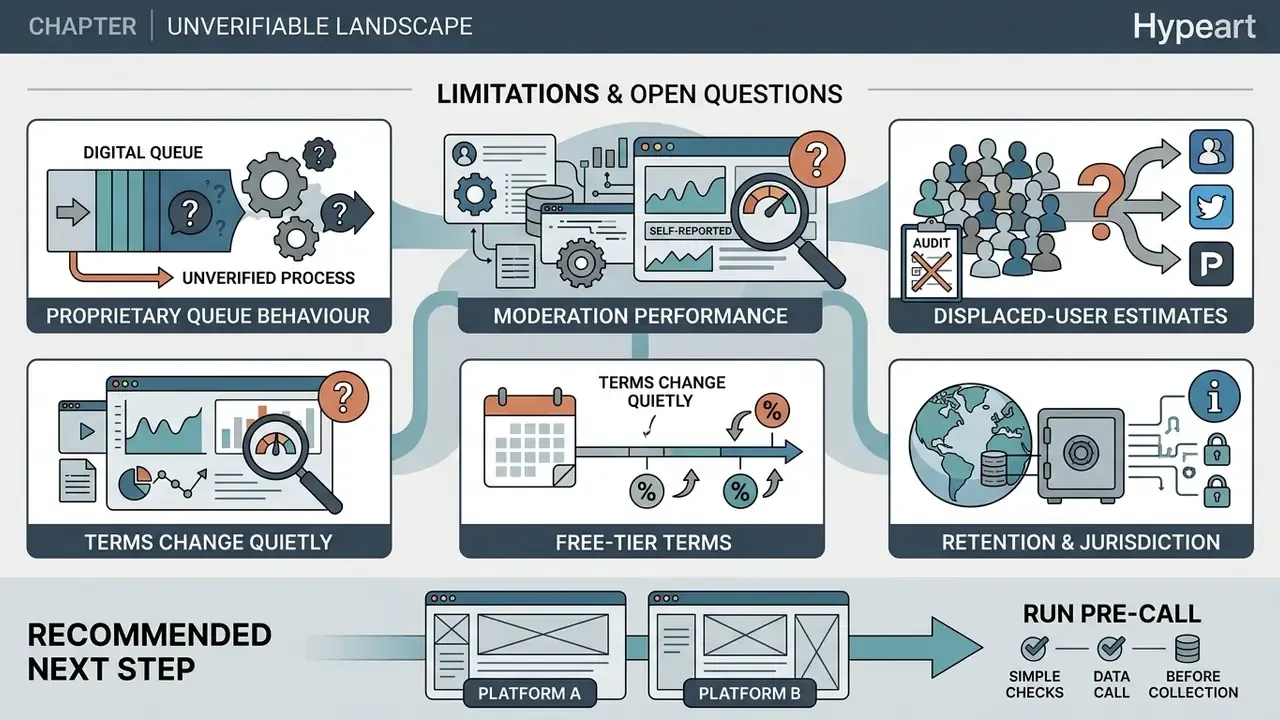 Six panels detailing opaque platform processes like queue behavior, moderation, and data retention