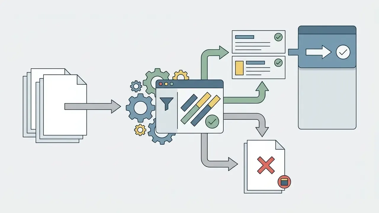 Documents feeding into a gear mechanism that filters content into approved lists and rejected files