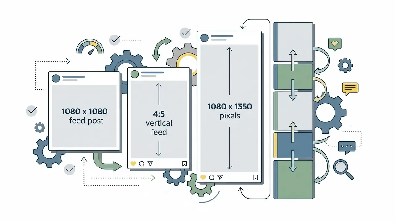 Social media post frames with different aspect ratios surrounded by gears and process icons