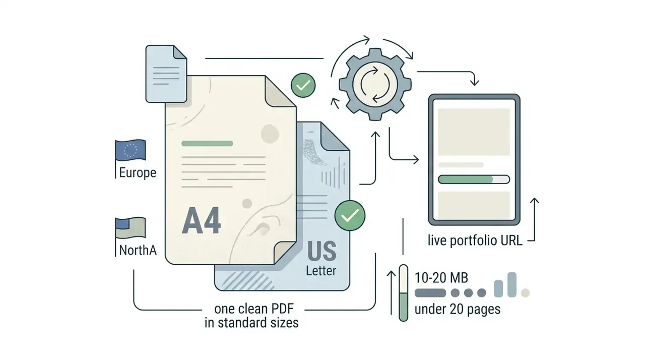 Standardized PDF document sizes and a live portfolio URL for an art portfolio