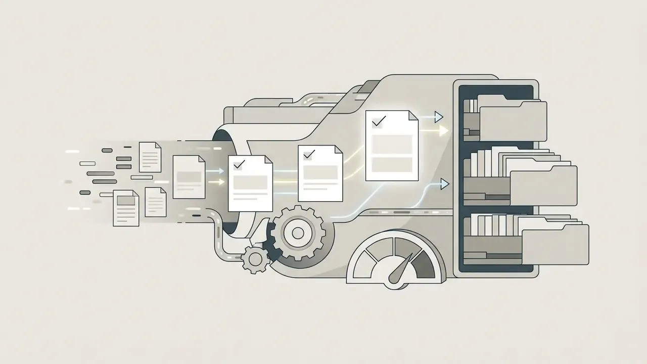 Digital documents moving through a mechanical system to be organized into storage folders