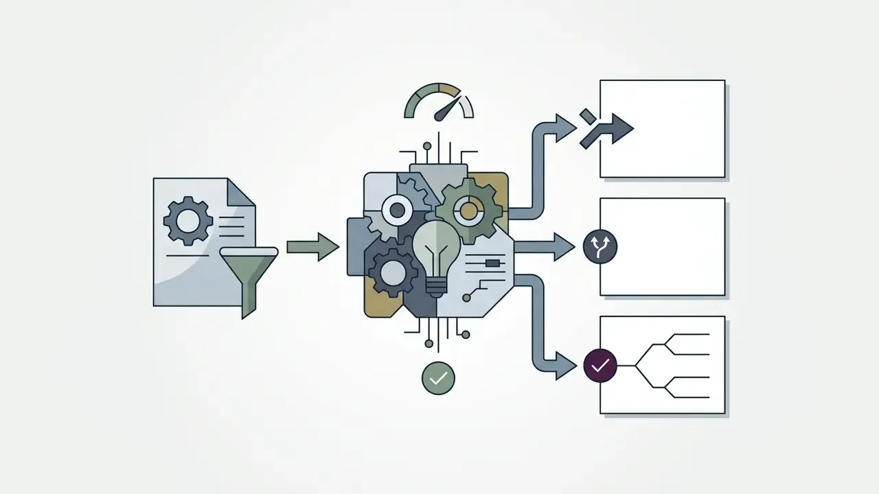 Document processing icon feeding into a central gear hub that branches into three distinct output boxes