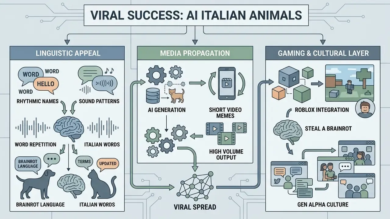 Diagram detailing the linguistic, media, and cultural factors driving the popularity of viral animal memes
