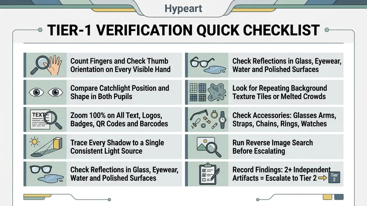List of inspection steps for visual verification featuring icons for anatomy, lighting, and digital details