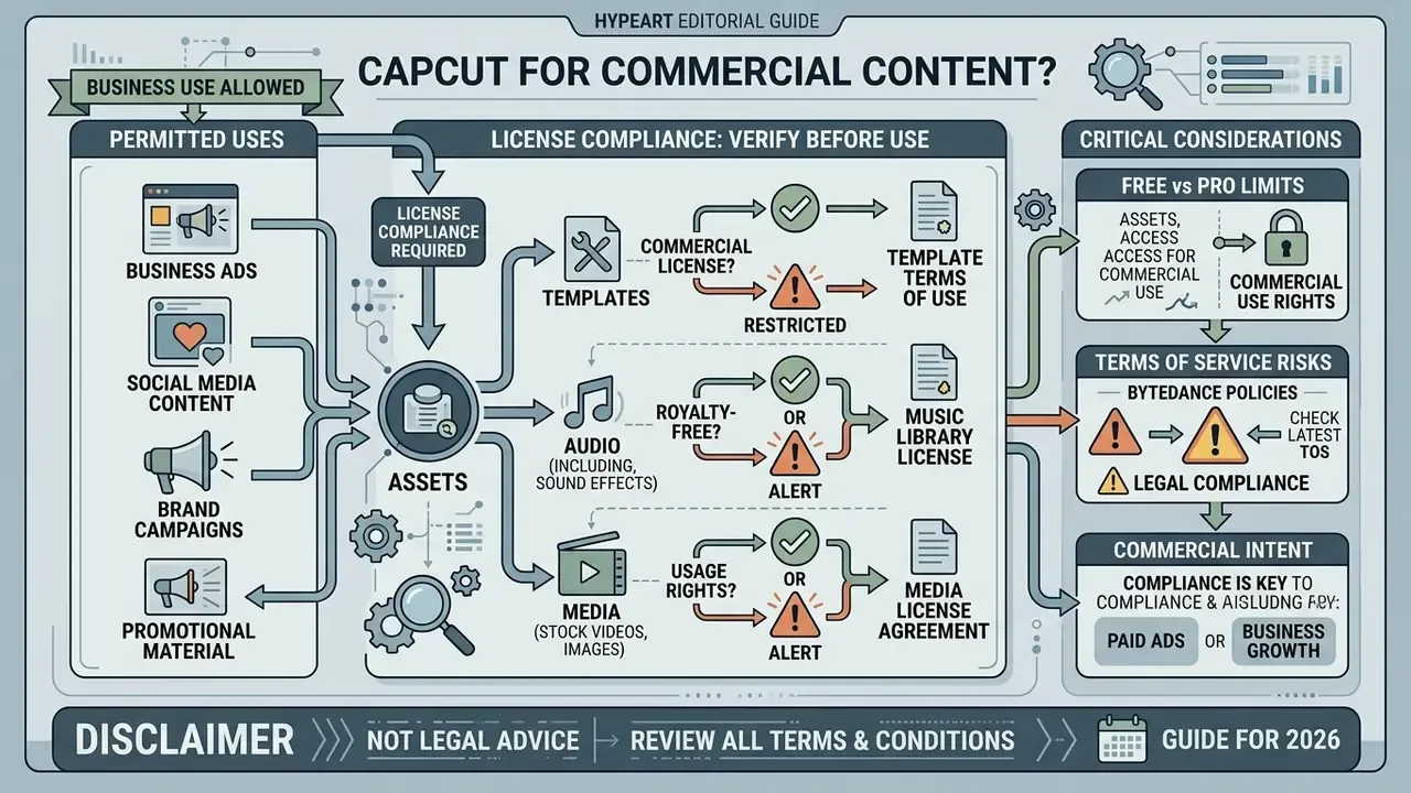 Flowchart detailing license compliance steps for using templates, audio, and media in commercial projects