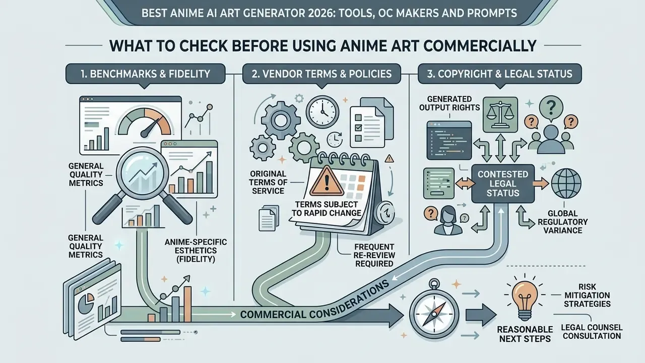 Diagram detailing three key commercial considerations for using an anime AI art generator