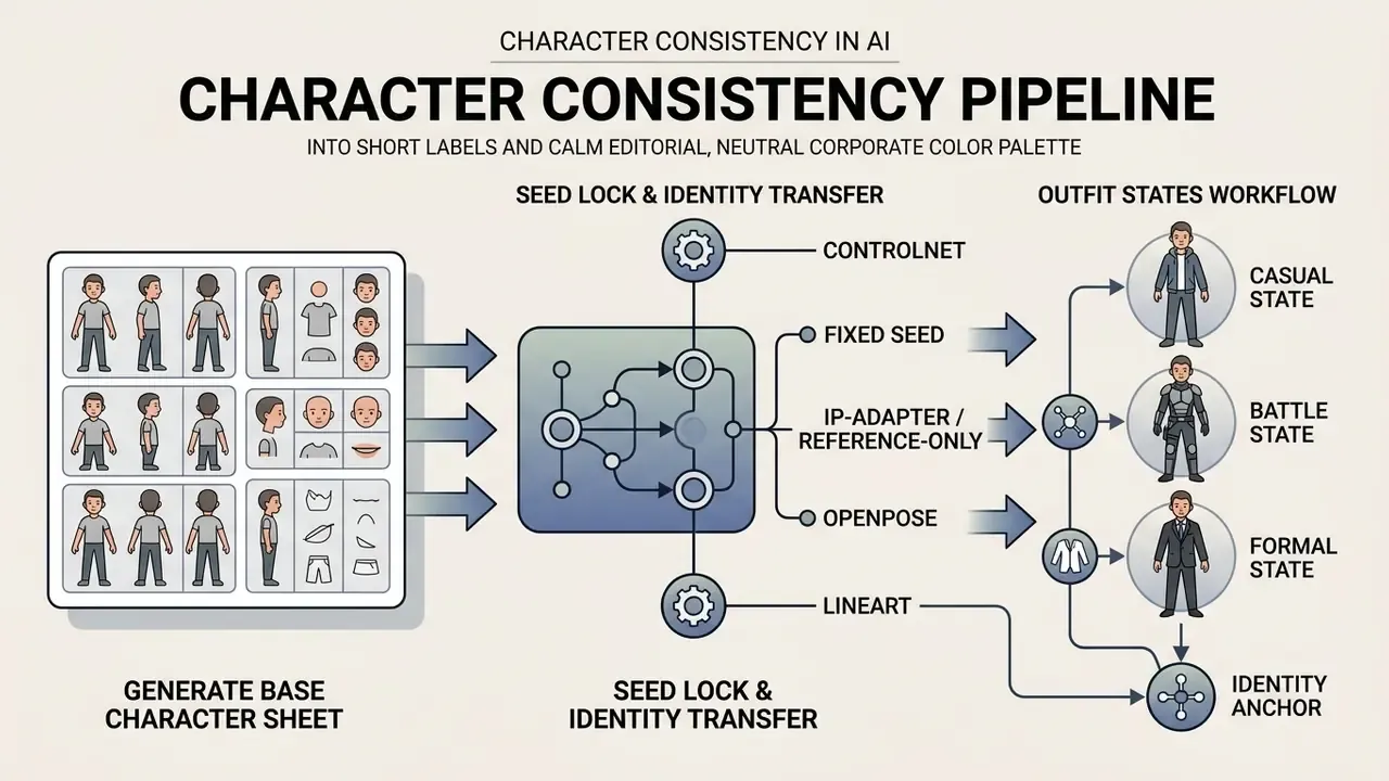 Flowchart showing a character sheet feeding into identity transfer tools to create various outfit states