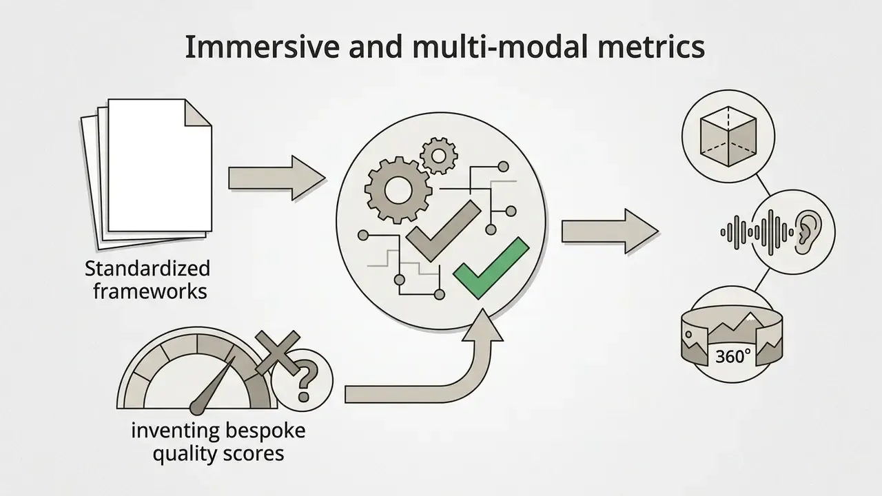 Diagram showing standardized frameworks replacing bespoke quality scores for 3D, audio, and panoramic media