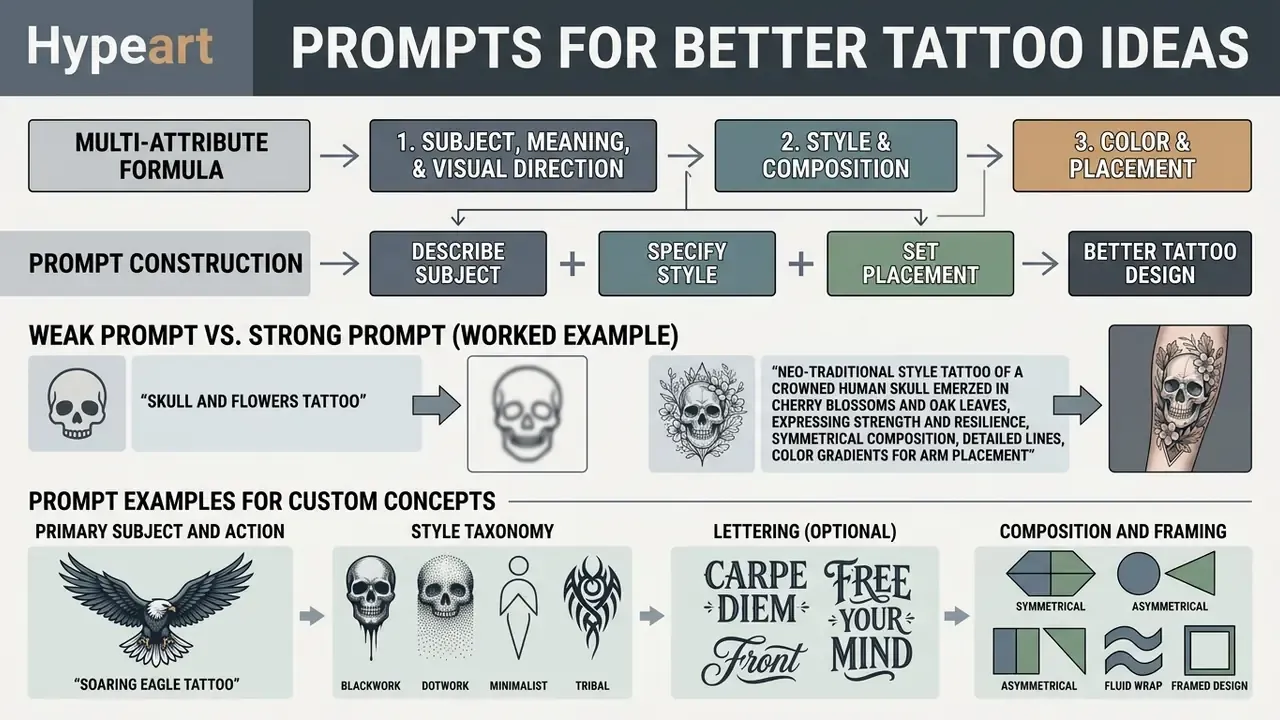 Diagram detailing a multi-attribute formula for constructing effective tattoo design prompts