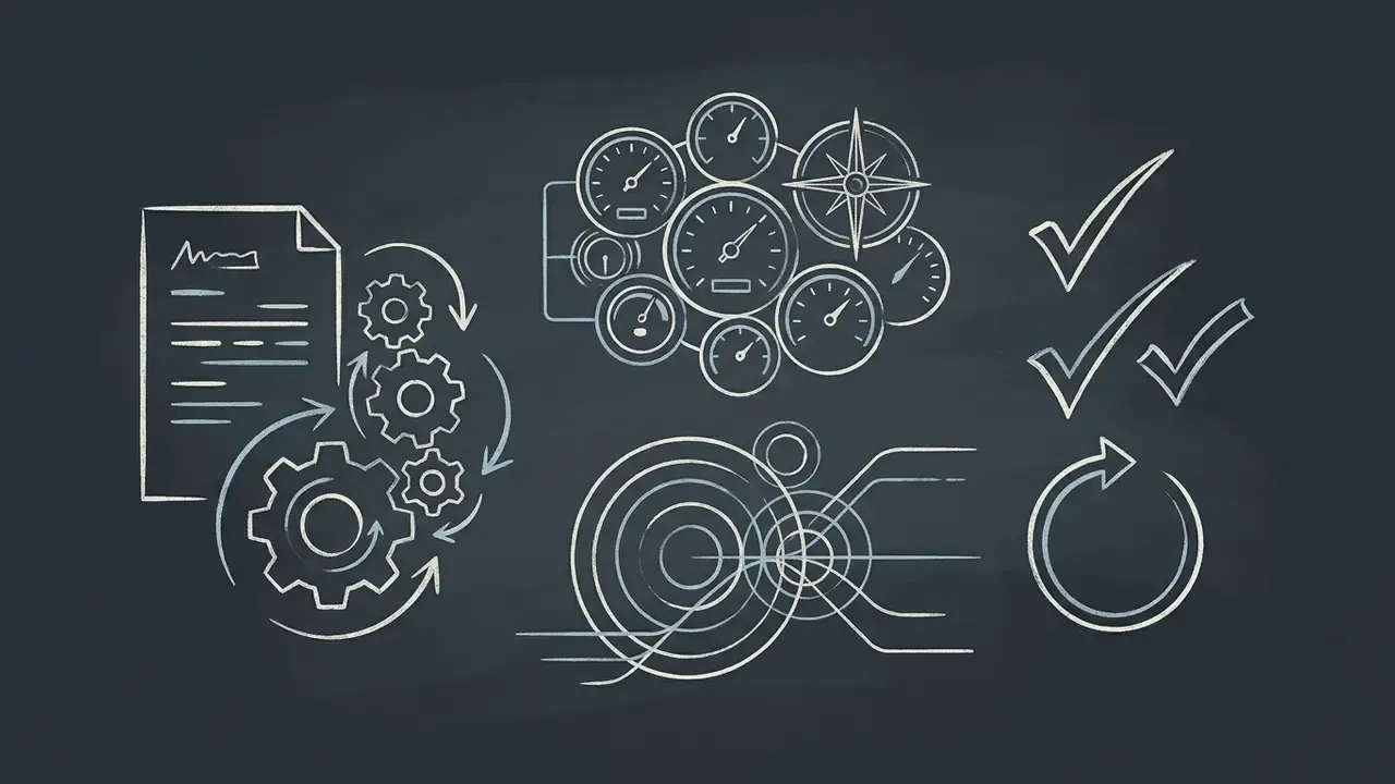 Chalk drawings of a document with gears, a cluster of gauges, checkmarks, and a circular arrow
