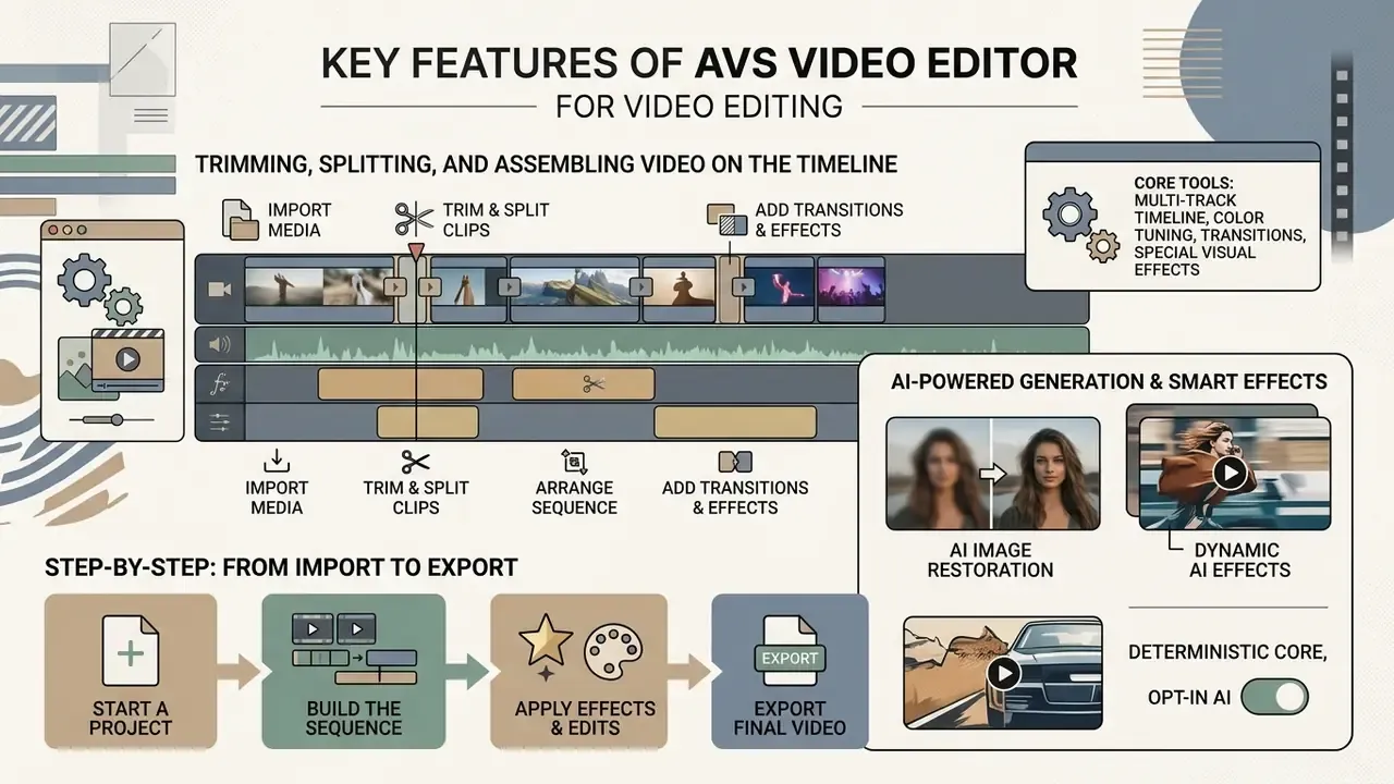 Timeline editing tools, AI image restoration, and a step-by-step project workflow