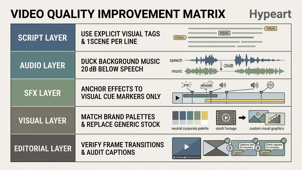 Matrix table detailing five production layers for optimizing video content through script and audio edits