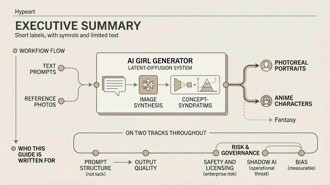 Flowchart showing how an AI girl generator processes prompts into photoreal or anime character outputs