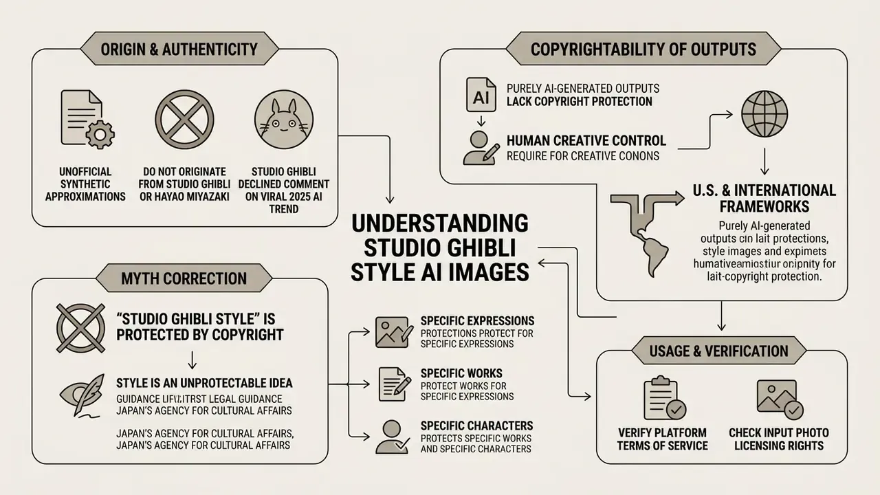 Flowchart detailing legal and authenticity facts regarding Studio Ghibli style AI images