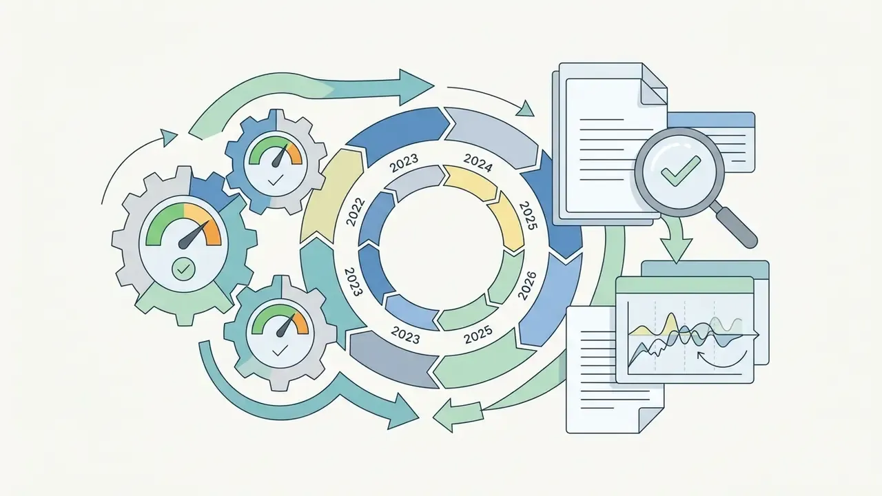 Concentric circular timeline with gears and gauges connecting to document analysis and trend charts