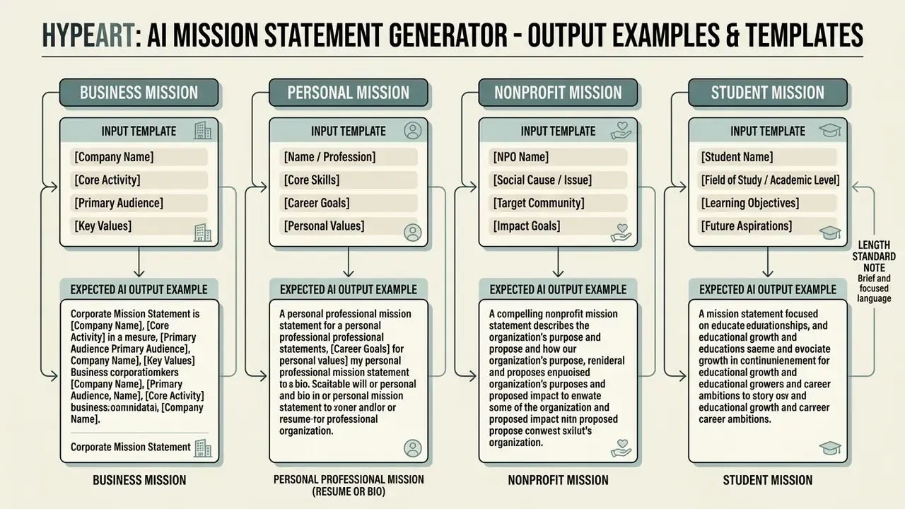 Infographic showing four columns of input templates and corresponding example outputs for various mission statements