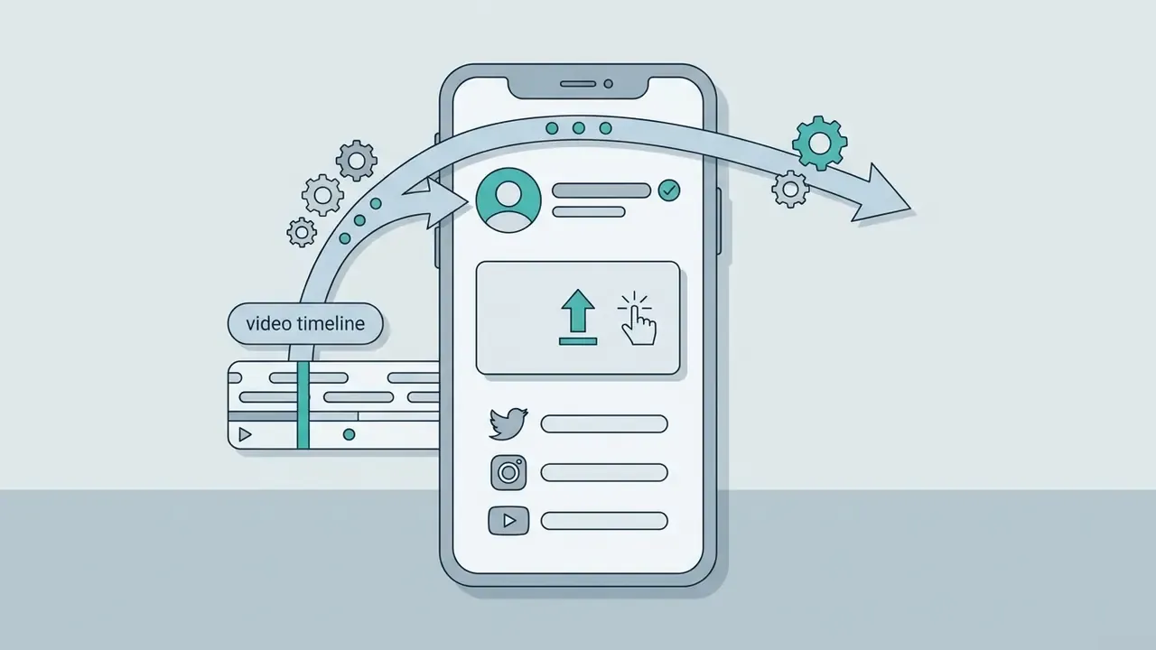 Smartphone screen showing a video timeline connecting to social media profile cards and upload buttons