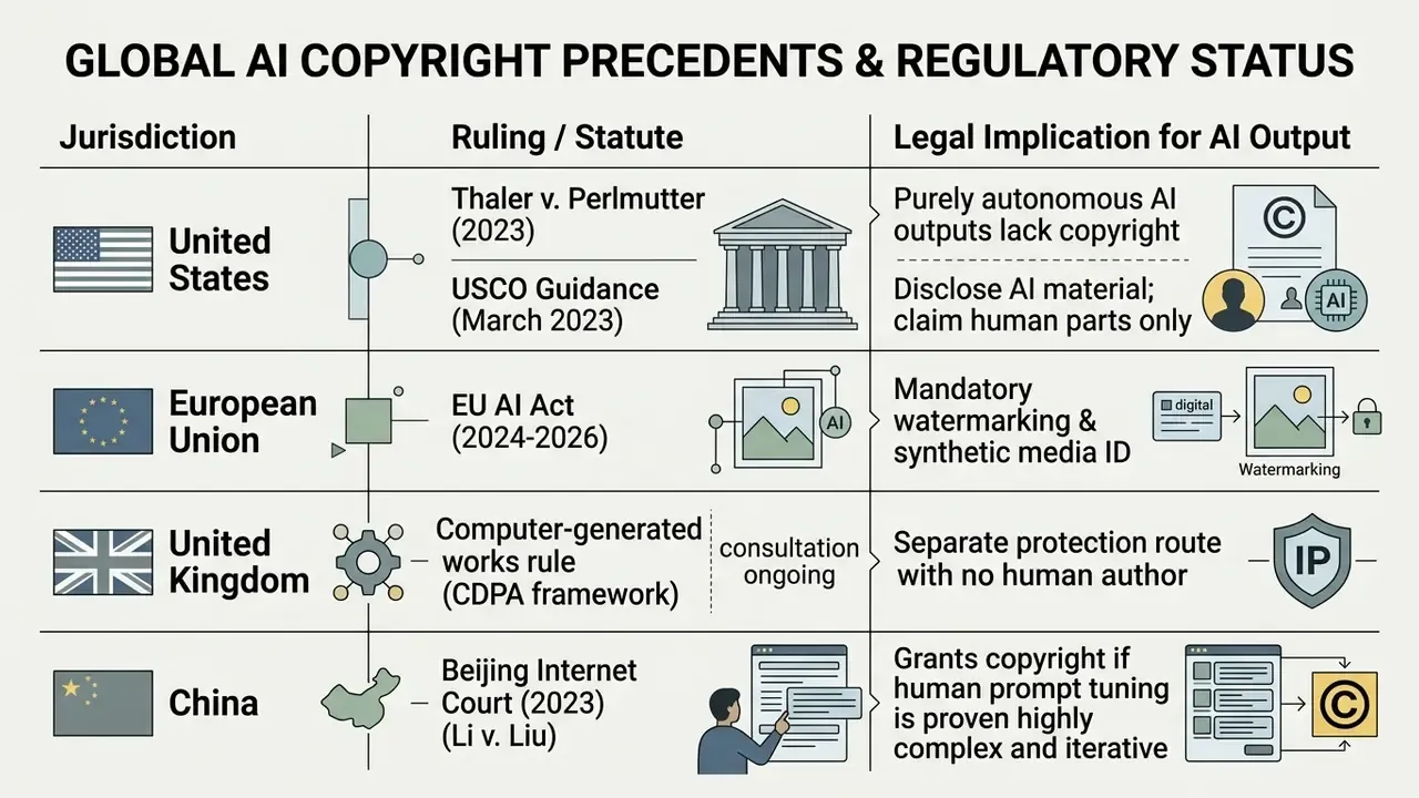 Table summarizing international legal rulings and regulations regarding AI copyright and authorship status