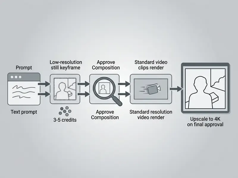 Linear workflow diagram showing the stages from text prompt to final 4K video upscale