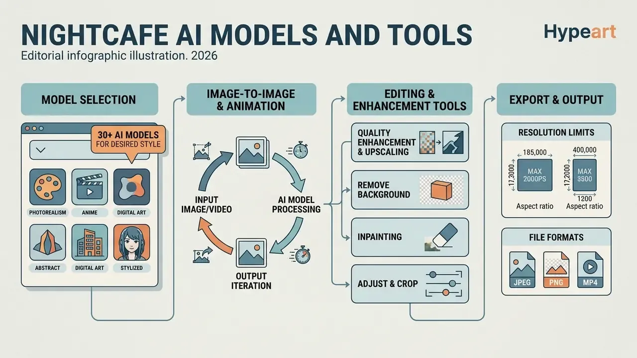 Diagram showing NightCafe AI model selection, image processing, editing tools, and export specifications