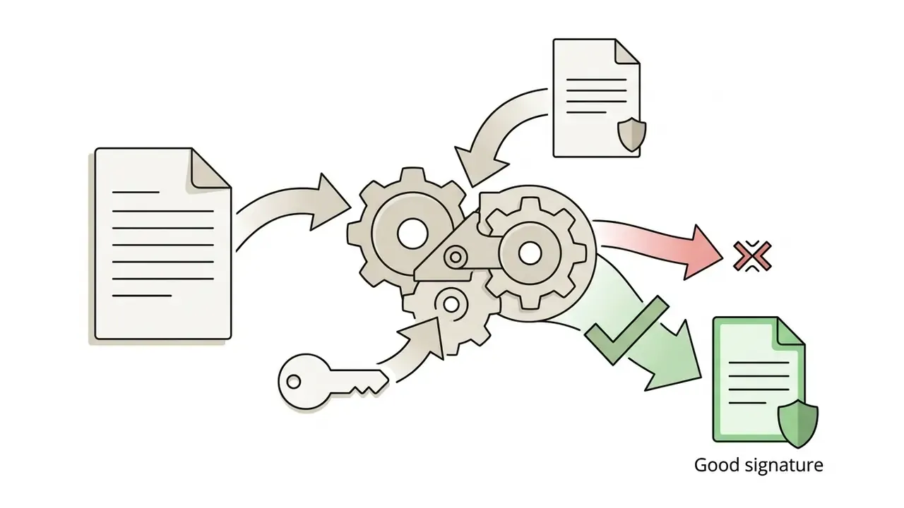 Documents and a key moving through gears to result in a good signature checkmark or error symbol
