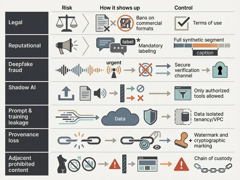 Table mapping synthetic media risks to specific mitigation controls like labeling and data isolation