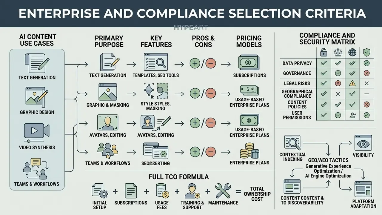 Matrix comparing AI content use cases with compliance requirements and total cost of ownership formulas