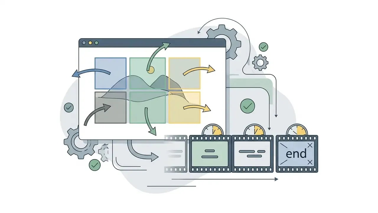 Interface window with motion arrows directing elements into a sequence of timed video film strips