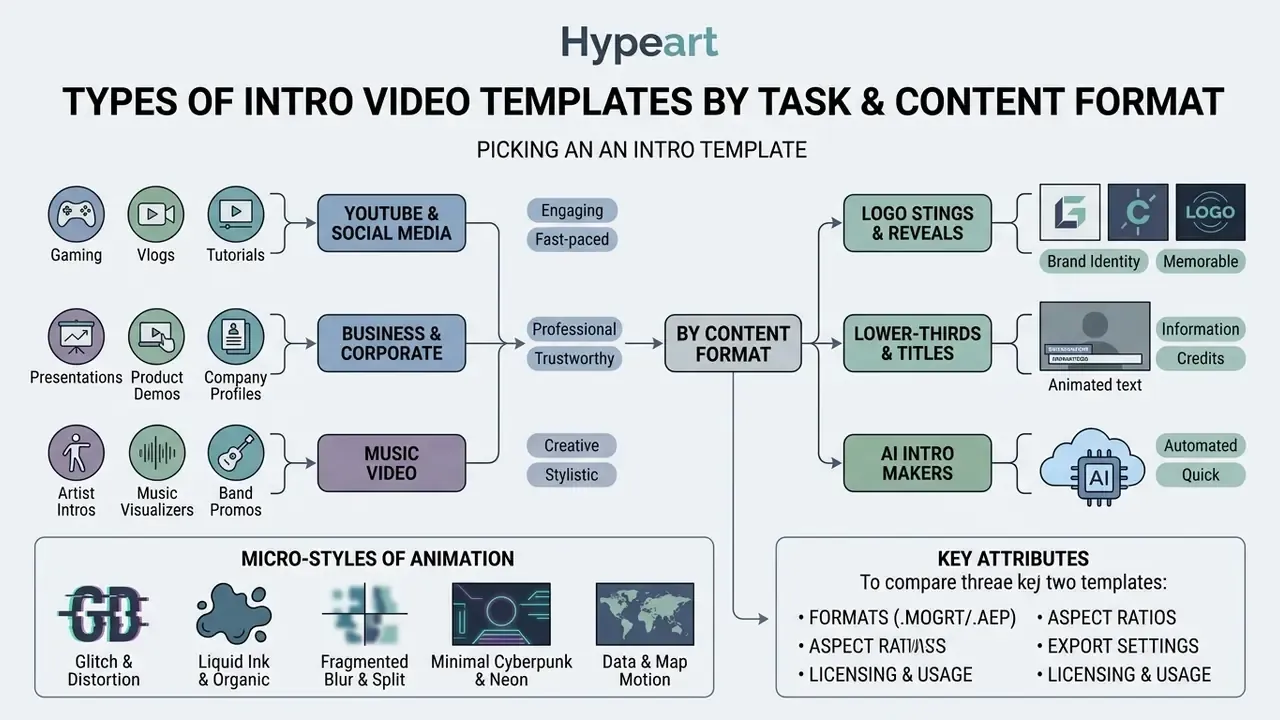 Flowchart categorizing intro video templates by target audience, content format, and animation style