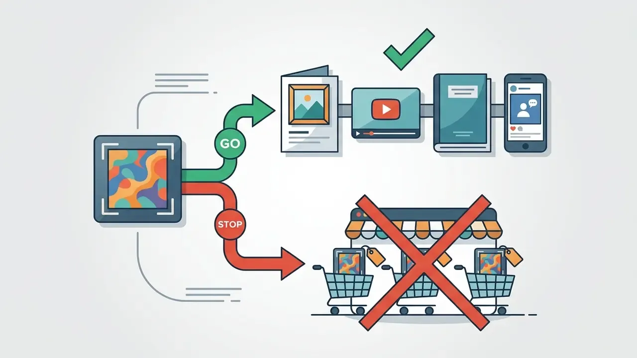 Decision path showing allowed media use in finished products versus prohibited standalone reselling