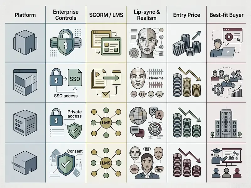 Table evaluating HeyGen AI video generator features against industry standards for enterprise use cases