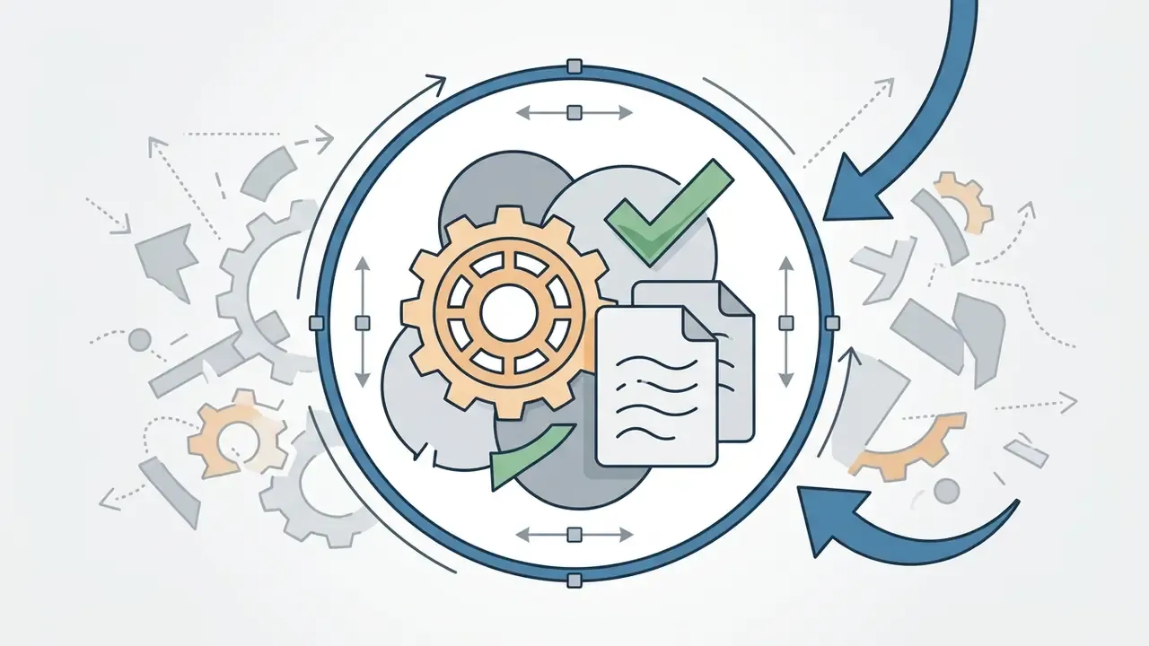 Gear and document icons inside a circle with arrows indicating a design process