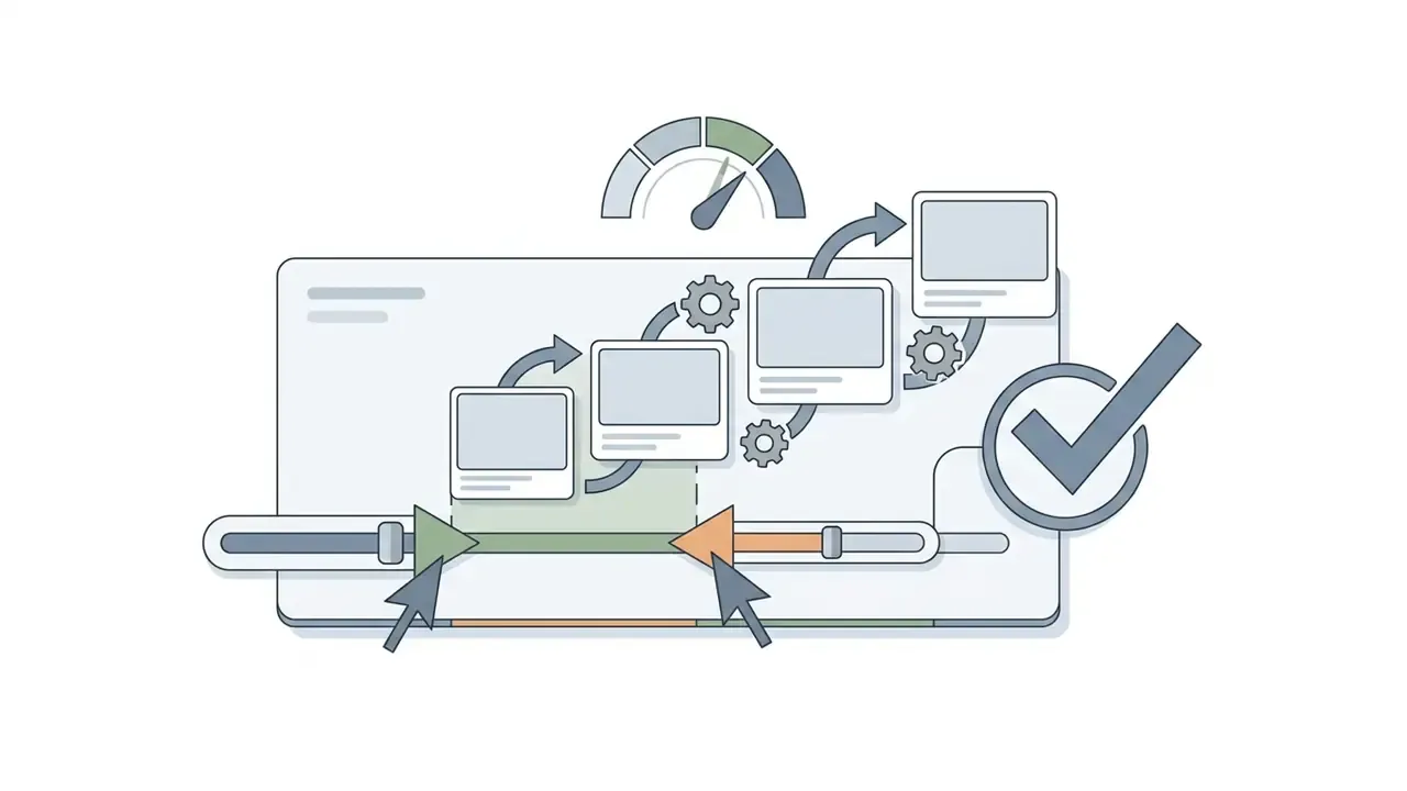 Trim bar with sliding markers adjusting video segments into a sequence of frames with a checkmark icon